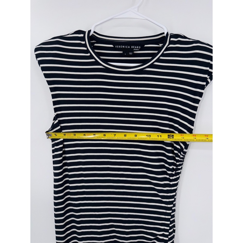 Veronica Beard Jeans Navy White Striped Ruched Padded Shoulder Midi Dress S - Picture 7 of 13
